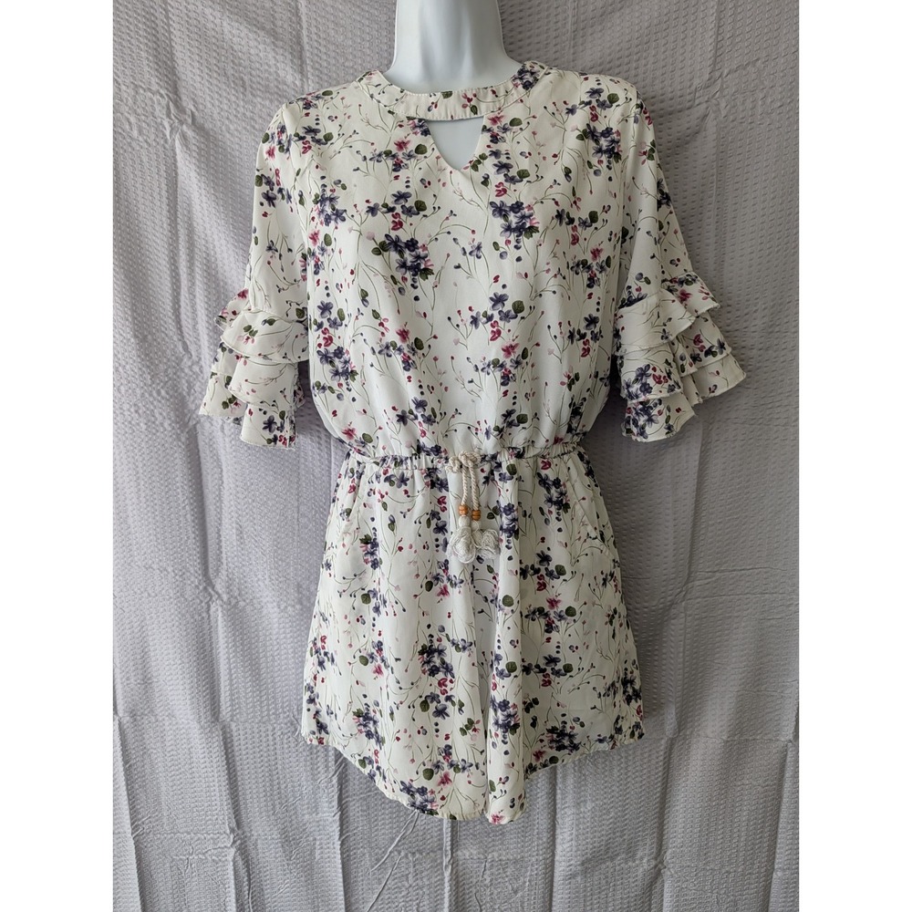 Smukke Women Floral Ruffle Sleeve Romper White Purple Size 16 Keyhole Neckline